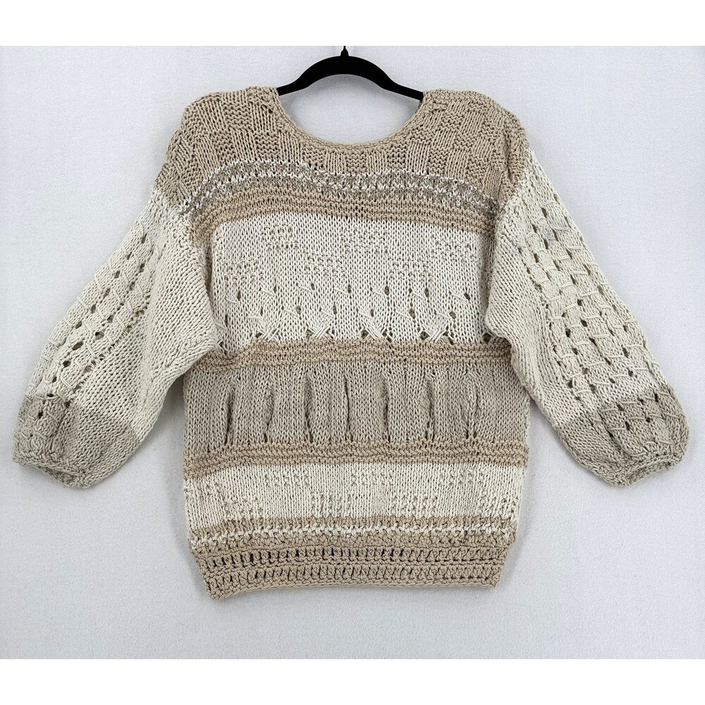 Handmade Crochet Knit Sweater Women Ivory Beige Balloon Sleeve Boho Coastal Chic